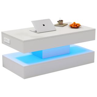 Table Basse Moderne Avec LED - Plateau Relevage Hydraulique - Rangement Intégré - 100x50x42 Cm,blanc