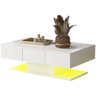Table Basse Blanche Avec LED, Table Basse LED Salon Avec 2 Tiroirs, 100×60×35.5cm, Pour Salon