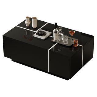 Table Basse Carrée Moderne 100 X 60 X 40 Cm, Table De Salon Avec 4 Tiroirs, Plateau Coulissant, Noir