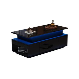 Tables Basses Avec Plateau Relevable, Avec LED Et 1 Tiroir, Pour Salon, Bureau, 96x45x40cm, Noir