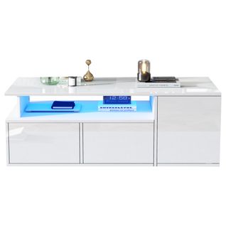 Table à Thé Avec LED, Table Canapé Brillante Avec 2 Tiroirs, 100 X 50 X 35 Cm, Pour Salon, Blanc