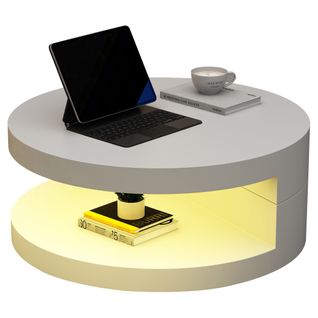 Table Basse - 70x70x35. 5cm - Plateau Supérieur Rotatif à 360° - Avec Barre LED 16 Couleurs - Blanc