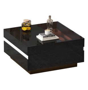 Table Basse Carrée Avec LED, Avec 2 Tiroirs, Table D'appoint En Verre Trempé, 70 X 70 X 36 Cm, Noir
