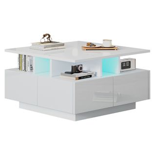 Table à Thé De Salon, Avec LED, Avec 4 Tiroirs, Avec Design Géométrique, 70 X 70 X 40 Cm, Blanc
