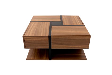 Table Basse De Salon, Avec 4 Tiroirs, Moderne, Avec Deux Étagères, Design Unique, Noir + Bois