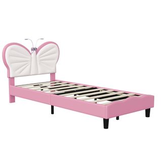 Lit Enfant 90 X 200 Cm Avec Tête De Lit En Forme De Papillon, LED, Sommier à Lattes, Velours, Rose