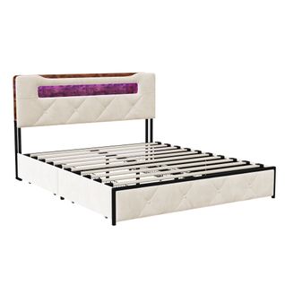 Lit 140x190 Sommier LED Et USB, Capitonné Avec 3 Tiroirs, Tete De Lit Avec Rangement, Velours, Beige