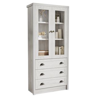 Buffet Haut 80x34x171 Cm – Aspect Bois Avec Portes Vitrées, 3 Tiroirs Et Poignées En Cuivre, Gris