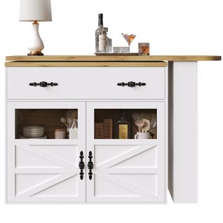 Buffet De Bar Extensible Pivotante 360° Avec Rangements, 138–204 Cm, Blanc, Avec Étagères