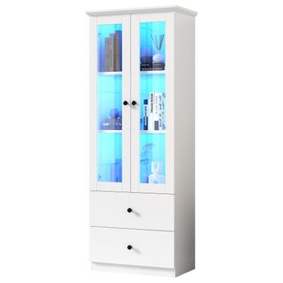 Vitrine En Verre, Meuble Vitrine Avec LED, 2 Portes 2 Tiroirs Armoire Vitrine, 60x35.5x165cm, Blanc