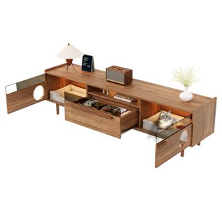 Meuble TV  180×40×50 Cm Couleur Noyer, LED, Portes Verre , Tiroir Et Espace Repos Pour Chat, Salon