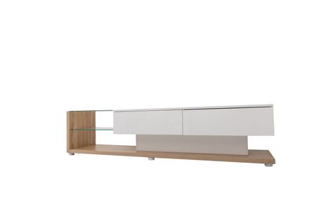 Meuble TV Avec Cloisons En Verre Et  LED Variable , Avec 2 Tiroirs Et Étagère Ouverte , Blanc