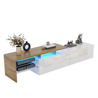Meuble TV Moderne Avec LED, Commode Avec Rangement , Étagères En Verre, 170x33x33.5cm, Blanc