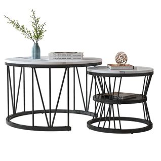 Lot De 2 Tables Basses Gigognes Rondes, Tables Gigognes Avec Cadre De Support En Métal Au Noir