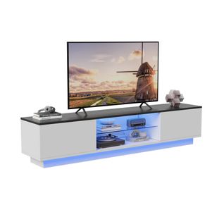 Meuble TV LED, Banc TV Moderne En Bois Avec 2 Compartiments De Rangement, Blanc, 160 X 32 X 35 Cm