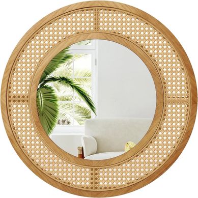 Miroir Mural En Rotin, Miroir Rond D. 65 Cm, Cadre En Bois, Verre En Aluminium (65 × 65 Cm)
