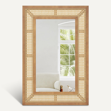 Miroir Mural En Rotin, Miroir Rectangulaire 90 X 60 Cm, Cadre En Bois, Vertical/horizontal