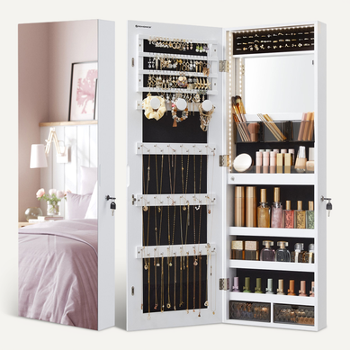 Armoire à Bijoux Murale, Avec Lumières LED, Avec Miroir, 2 Tiroirs, Verrouillable, Blanc Armoire à Bijoux Murale, Avec Lumières LED, Avec Miroir, 2 Tiroirs, Verrouillable, Blanc