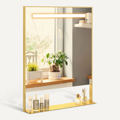 Miroir Salle De Bain Avec Eclairage 88,5 X 50 Cm, étagère, Miroir Mural Rectangulaire Antibuée (or)