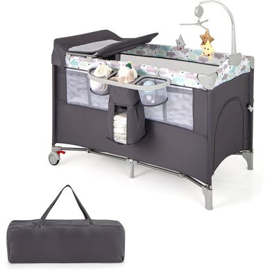 Costway 4 en 1 Lit Parapluie Bébé avec Matelas & Table à Langer Lit Bébé Evolutif avec 3 Jouets Mignons & Boîte à Musique Charge - Ciel & terre Commerce