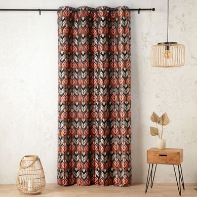 Rideau Motif Art Déco - Effet Velours À Oeillets - 140x260 Cm - Orange Corail Rideau Motif Art Déco - Effet Velours À Oeillets - 140x260 Cm - Orange Corail