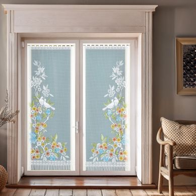 Paire De Vitrages Frangés En Dentelle Oiseaux Et Fleurs - 60x160 Cm - Vert