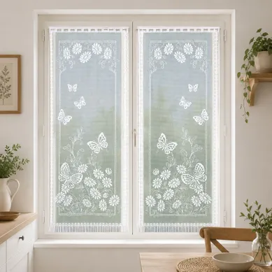 Paire De Vitrages Frangés Et Dentellés Papillons - 60x220 Cm - Blanc