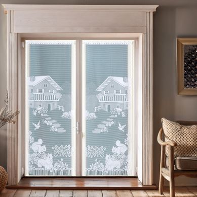 Paire De Vitrages Frangés En Dentelle Chalet Et Animaux - 60x160 Cm - Blanc