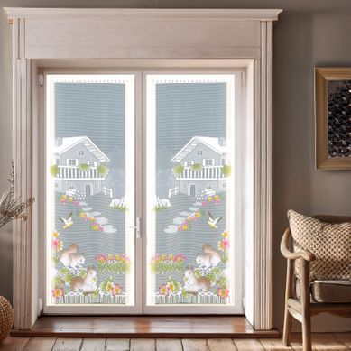 Paire De Vitrages Frangés En Dentelle Chalet Et Animaux - 60x160 Cm - Vert