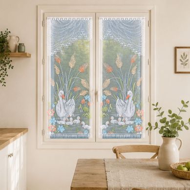 Paire De Vitrages Frangés En Dentelle Avec Cygnes - 60x160 Cm - Vert
