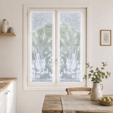 Paire De Vitrages Frangés En Dentelle Avec Cygnes - 60x160 Cm - Blanc
