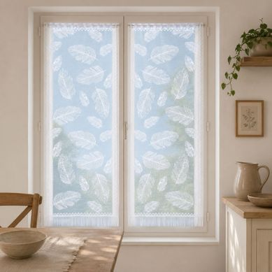 Paire De Vitrages Frangés En Dentelle Motif Plumes - 60x160 Cm - Blanc