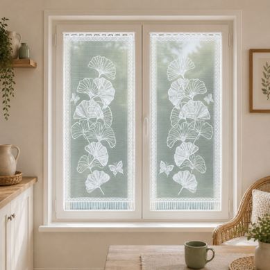Paire De Vitrages Frangés Dentelle Motif Ginkgo - 60x120 Cm - Blanc