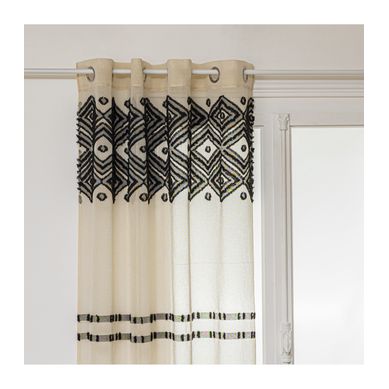 Voilage à Oeillets Beige Lin Motif Noir 140 X 240 Cm
