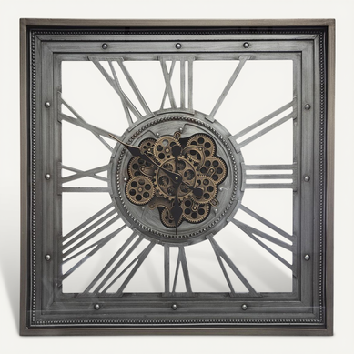 Pendule Murale En Métal Gris Avec Mécanisme Apparent 80 X 80 Cm
