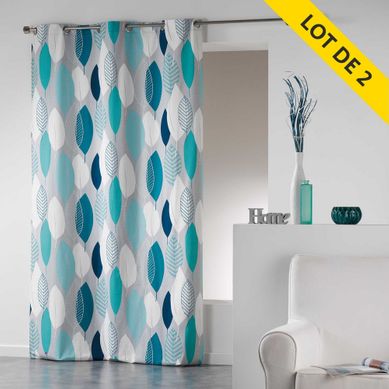 Lot De 2 Rideaux À Oeillets – 140 X 240 Cm – Coton Tamisant Imprimé Leafy – Bleu