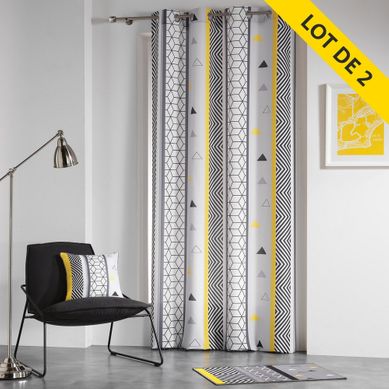 Lot De 2 Rideaux A Oeillets 140 X 260 Cm Polyester Imprime Yellow Mix