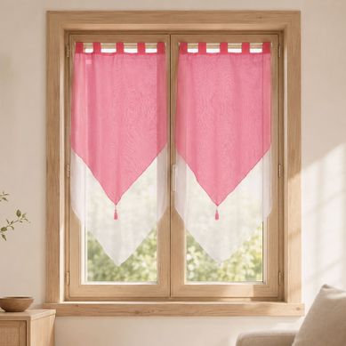 Paire De Petits Voilages Bicolores À Pompon - 60x160 Cm - Rose