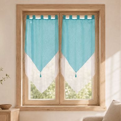 Paire De Petits Voilages Bicolores À Pompon - 60x160 Cm - Bleu