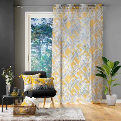 Voilage À Oeillets 140x240 Cm – Voile Sablé Imprimé Feuillage Isibelle Jaune