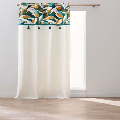Rideau À Oeillets Polycoton Avec Top Feuillage Graphique Et Pompons - 140x240 Cm - Bleu