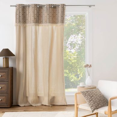 Rideau Tamisant À Oeillets En Polycoton Avec Jacquard Et Franges - 140x240 Cm - Naturel