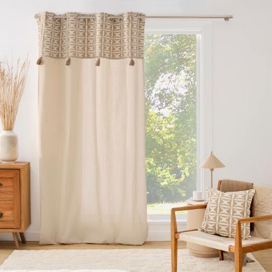 Rideau Tamisant À Oeillets En Polycoton Avec Jacquard Et Pompons - 140x240 Cm - Naturel
