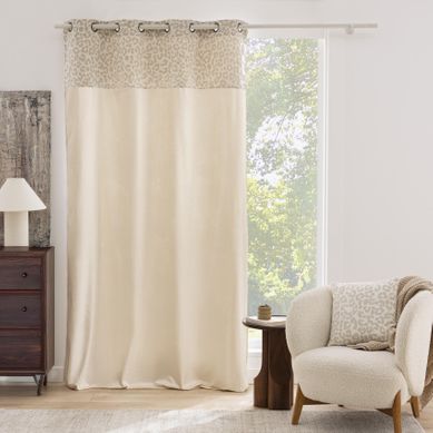 Rideau Tamisant En Polycoton Avec Bandeau Jacquard Chenille Léopard - 140x240 Cm - Naturel