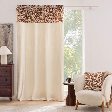 Rideau Tamisant En Polycoton Avec Bandeau Jacquard Chenille Léopard - 140x240 Cm - Marron