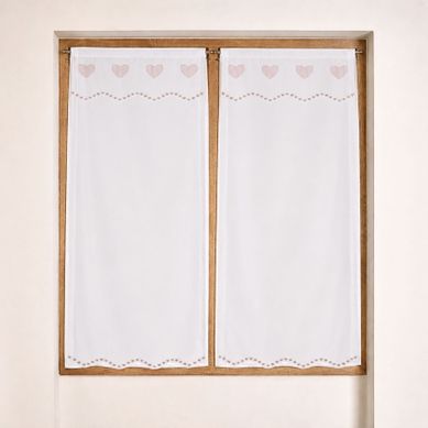 Paire De Petits Voilages Brodés À Cœurs - 60x 135 Cm - Beige