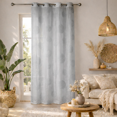 Voilage Motif Rond Impression Magnétique - 140x240 Cm - Gris Clair