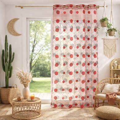 Voilage Rouge Motifs Brodés - 140x240 Cm - Rouge