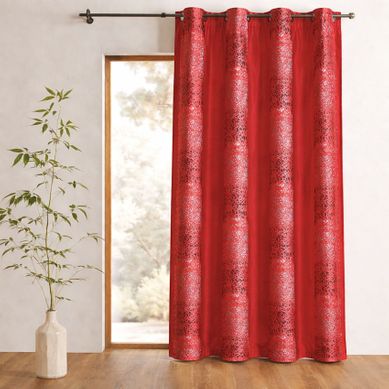 Rideau Shantung Brodé Bandes De Motifs Ethniques - 140x260 Cm - Rouge Orangé