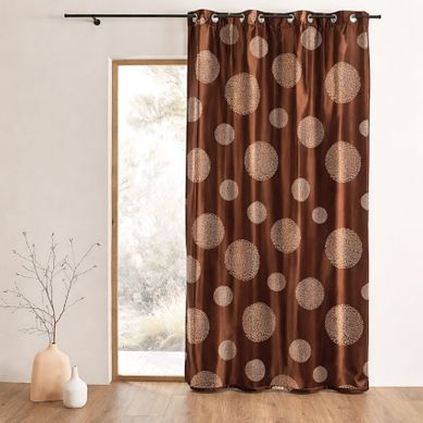 Rideau Taffetas Motif De Ronds Argentés - 140x260 Cm - Marron Chocolat